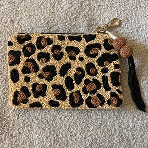 India Boutique Leopard Beaded Wristlet in Black, Brown, Cream